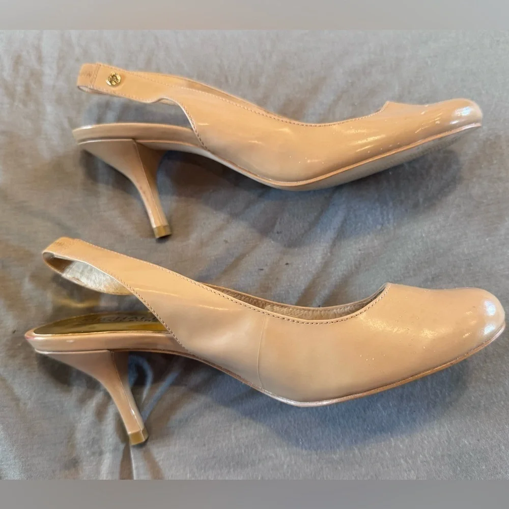 Michael Kors Nude Beige Leather Slingback Round Toe Kitten Heel Shoes Sz 7.5